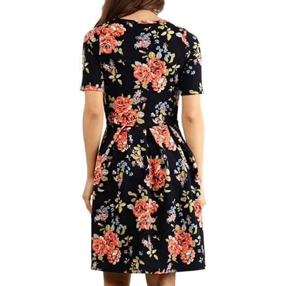 NAVY & ORANGE FLORAL PLEATED A-LINE DRESS - Picture 6 of 7